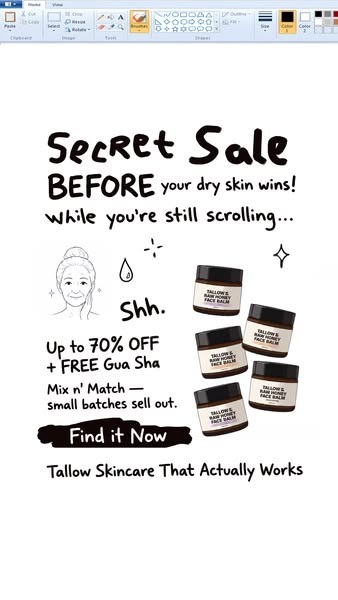 Tallow skincare face balm with up to 70% off sale, free Gua Sha, natural skincare products for dry skin, and Tallow Skincare promotional advertisement.