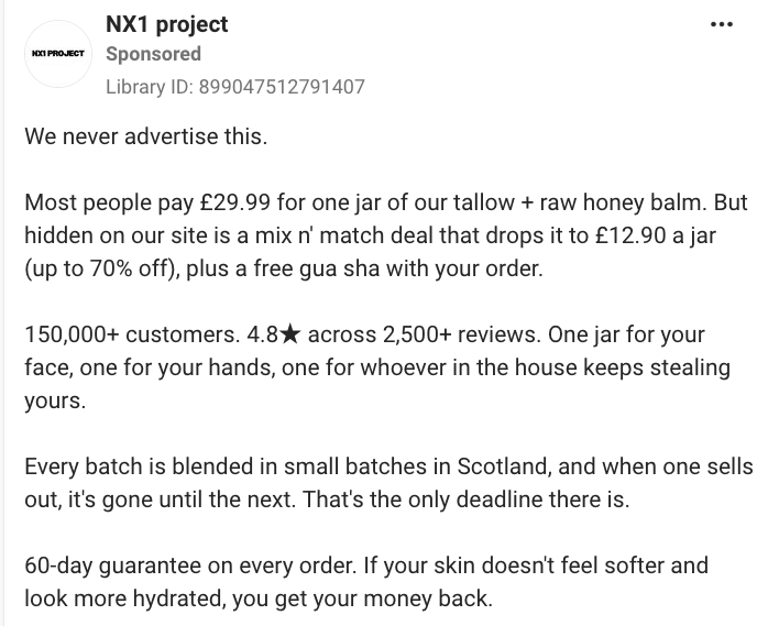 NX1 Project, tallow skincare, raw honey balm, tallow face balm, natural skincare products, tallow balm for dry skin, mix and match skincare deal, 70% off skincare, free Gua Sha, small-batch skincare Scotland, hydrating face balm, natural moisturizer, skincare discount offer, 60-day money-back guarantee, tallow skincare advertisement.